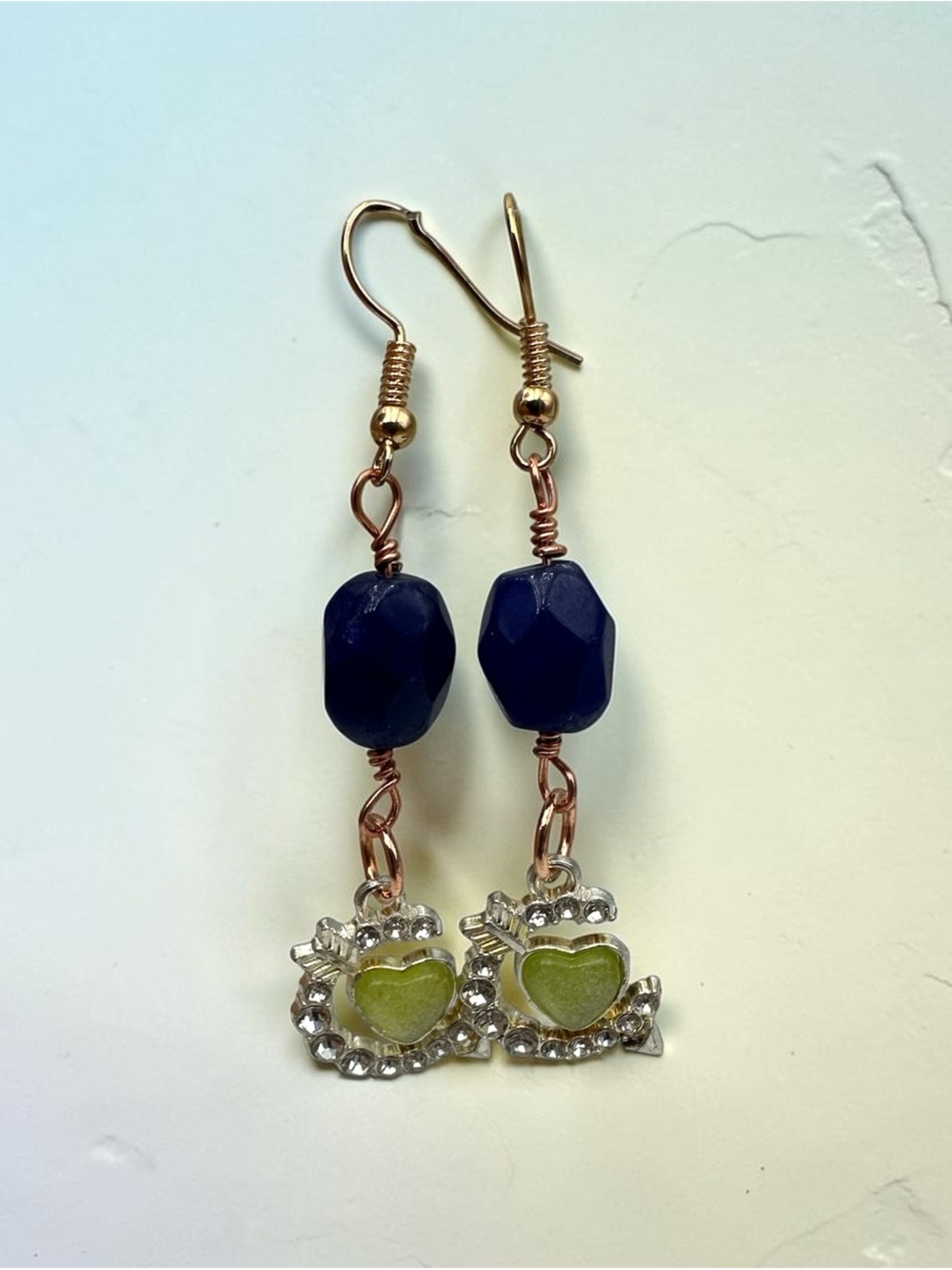 Handmade Blue Beads Green Heart Dangle Earrings Jewelry